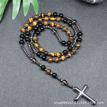 Amazon Natural Stone Cross Pendant Necklace Tiger Eye Stone Iron Gallbladder Cross Rosary for Men Necklace Wholesale