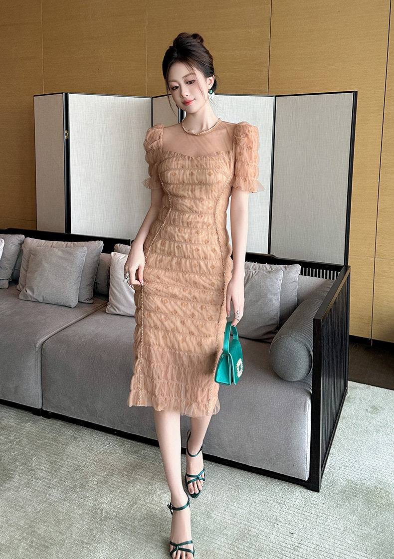 Đầm ôm body nữ tay bồng chất vải tulle xòe nhẹ — [Cam Huyền Ảo] chi tiết 4