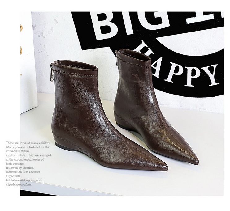 Boot nữ cổ thấp gót vừa khóa kéo sau, mũi nhọn tôn dáng, phong cách cổ điển dễ phối đồ — Lớp lót đơn màu đen, Lớp lót đơn màu nâu sẫm, Lớp lót nhung đen, Nhung màu nâu sẫm