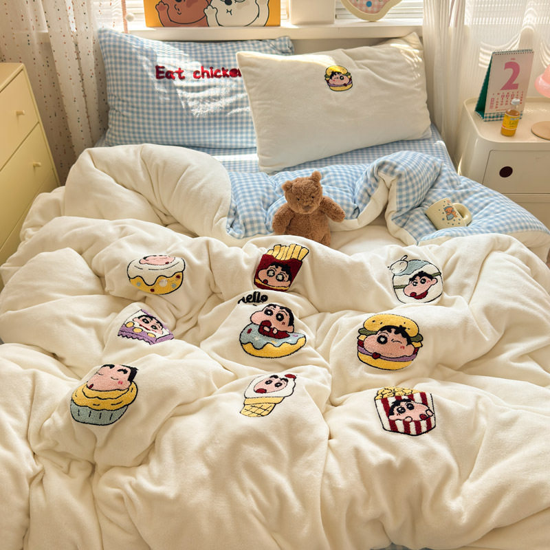 Crayon Shin-Chan Milk Velvet Bed Four-Piece Set Cartoon Coral Velvet Single Quilt Cover Bed Sheets and Fitted Bed Sheets Thickeneded Three-Piece Set