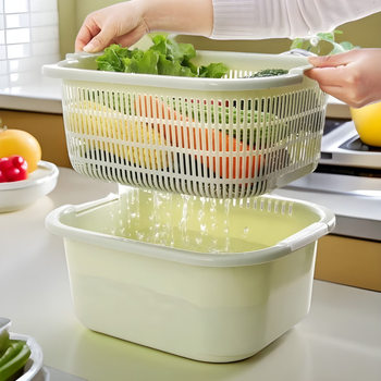 Double-Layer Plastic Vegetable Washing Basin with Draining Basket, Rice Washing Tool, Vegetable Basket, Household Kitchen Fruit Washing Basin