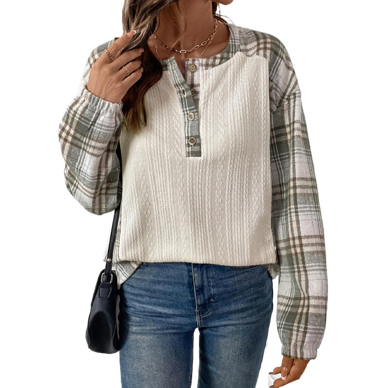 Casual Vintage Plaid Patchwork Top Textured Fabric Simple Design Autumn Style Wholesale Available