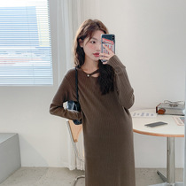 Autumn Winter Gestation Women Dress New Products Pregnant Women Needles Sweater Sweater Dresses Elastic Expats Slim Pit Striped Sweater Personality Hollowed-out Collar