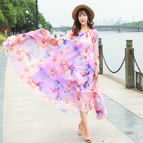 Váy Maxi Nữ Dáng Dài Tay Dài Cổ Tròn Chất Liệu Gấm Nhăn Họa Tiết Bohemian Màu Tím, Hồng, Cam...