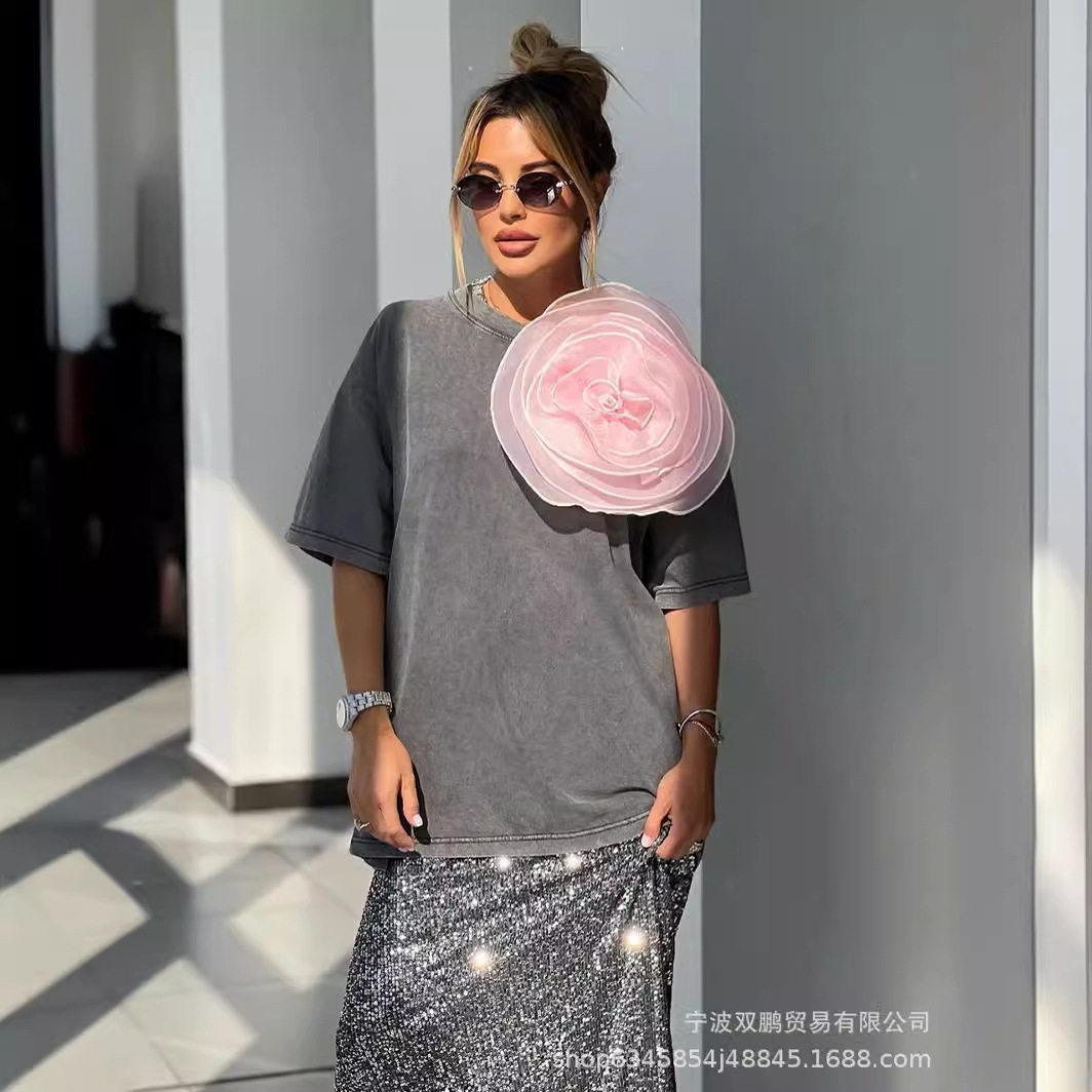 Womens Vintage Style Short Sleeve Cotton T Shirt Washed Wax Dyed Faded Look Streetwear Summer Casual Wear