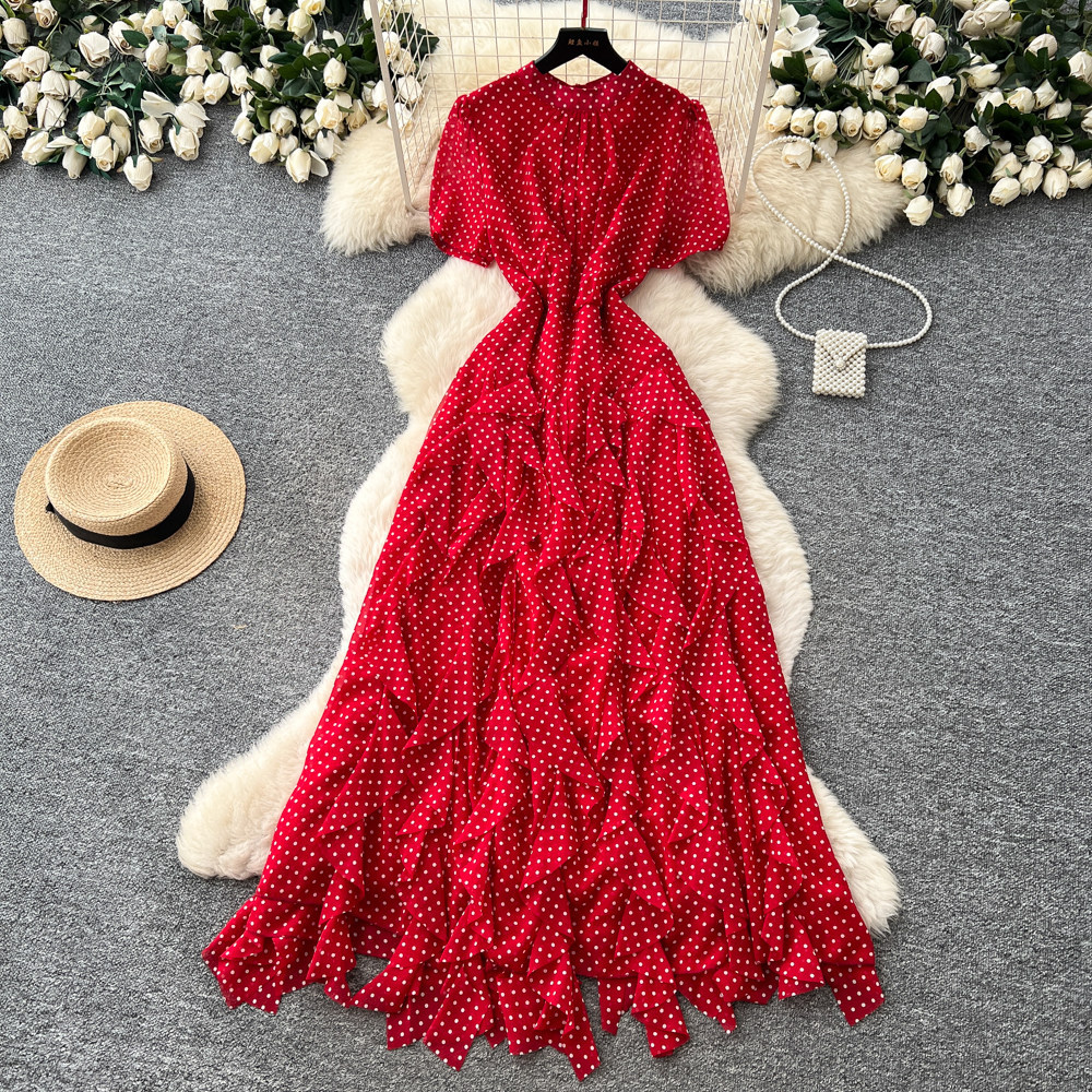 Red Polka Dot A Line Dress High Waist Irregular Hem Slim Fit Summer Fashion for Women Wholesale Available