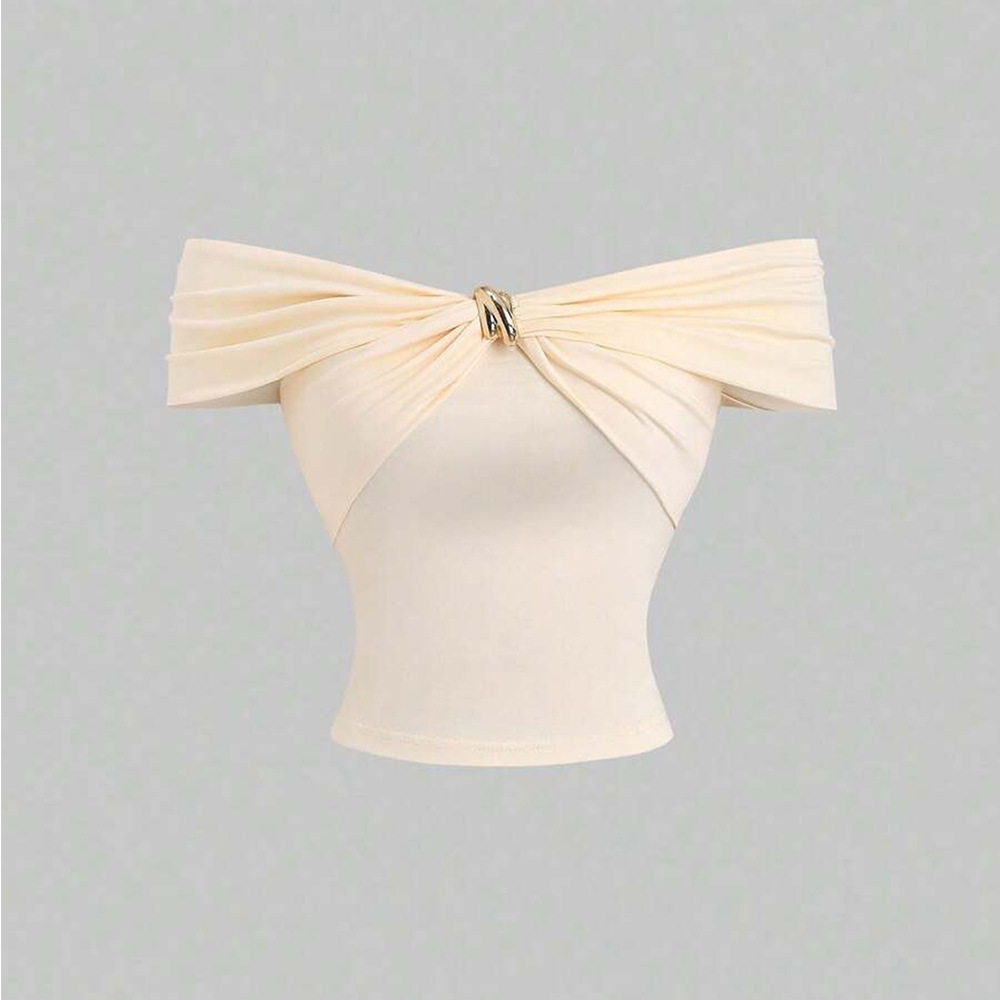 Womens Off Shoulder Short Sleeve Top Fashionable Metal Button Slim Fit Cropped Design Casual Wear Summer Style