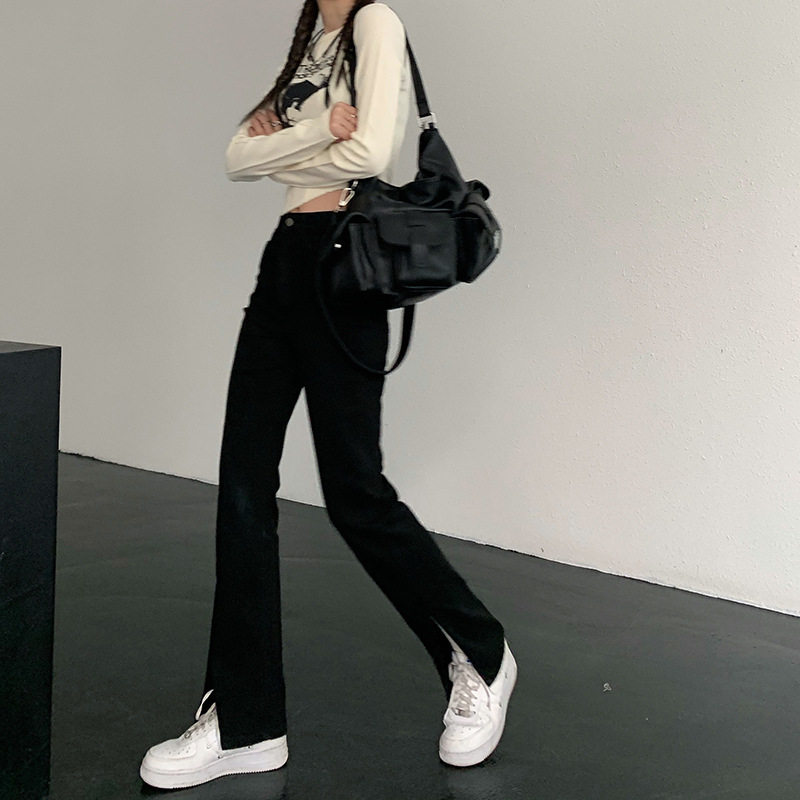 High Waisted Slimming Jeans for Women Spring Korean Style Front Split Casual Straight Leg Wholesale Available