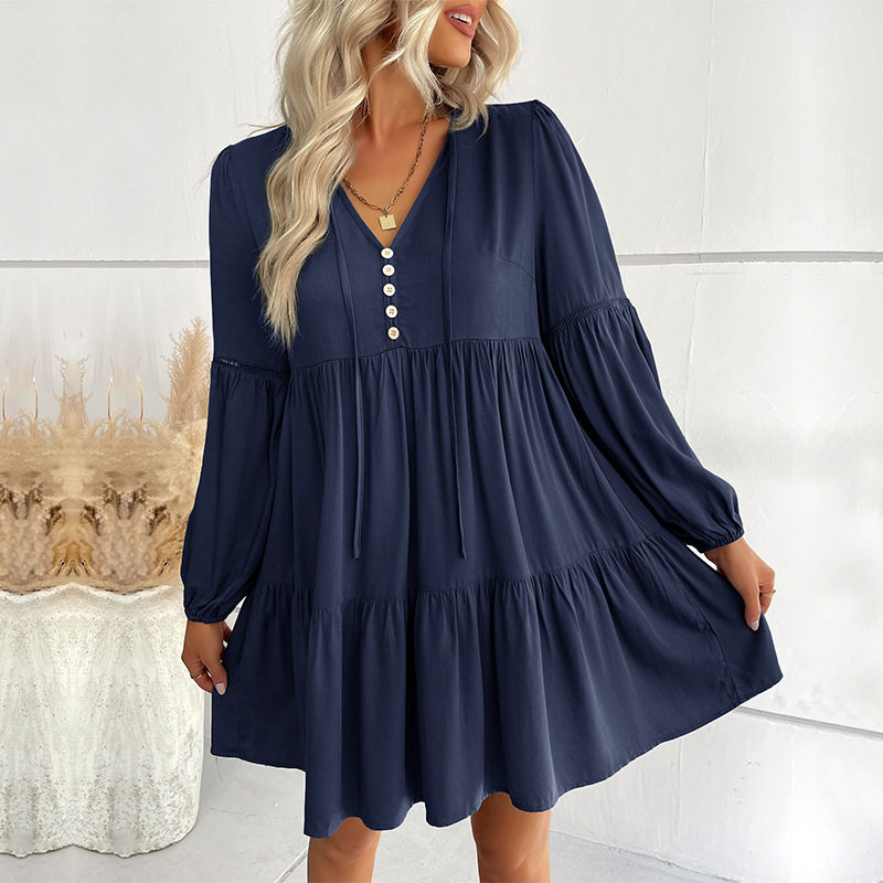 Short Loose V Neck Dress Wrinkled Design Solid Color Minimalist Style Autumn Fashion Wholesale Available