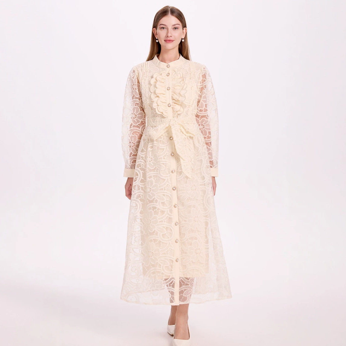Elegant French Style Long Dress for Women Autumn Waist Tie Embroidered Sheer Mesh Button Closure Perfect for