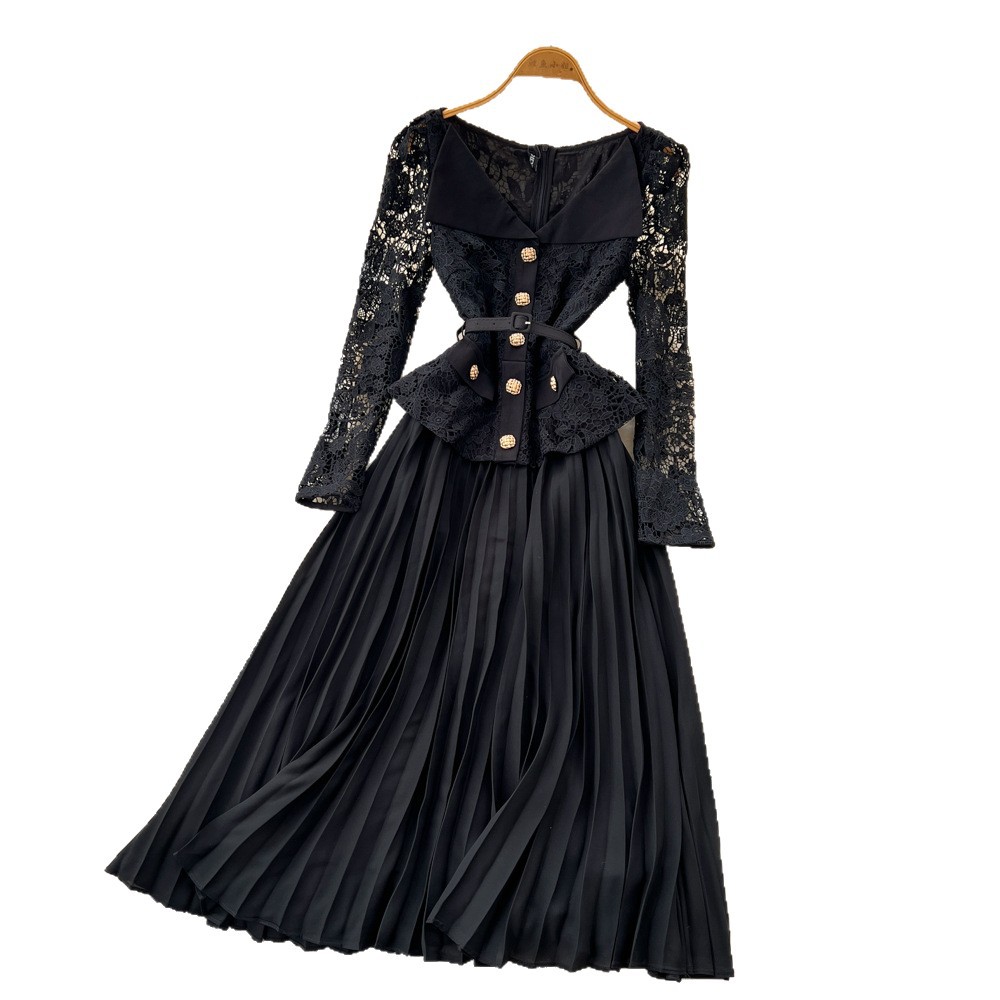 French Style Elegant Lapel Lace Panel Dress with Metal Buttons Waist Defined Pleated Design Autumn Fashion for Women