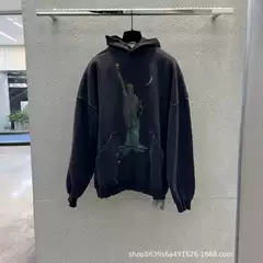 23Ss B's High-Quality New Washed and Destroyed Statue of Liberty Loose Hooded Sweatshirt for Men and Women