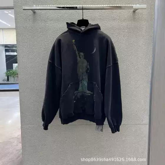 23Ss B's High-Quality New Washed and Destroyed Statue of Liberty Loose Hooded Sweatshirt for Men and Women