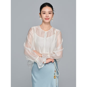 [Zhihetao]New Chinese Style Light National Style Soft Gauze Round Neck Long Sleeve Women's 2025 Autumn High-End Versatile Top