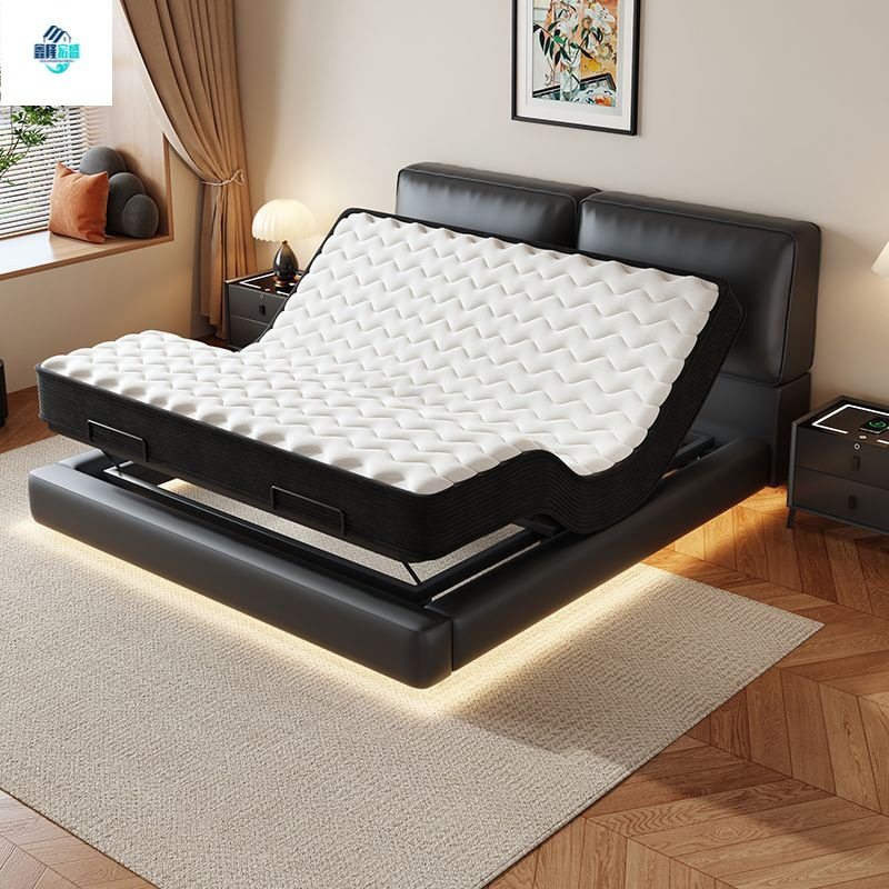 Modern Minimalist Large Black Leather Luxury Smart Multifunctional Electric Smart Combination Master Bedroom Leather Floating King Bed
