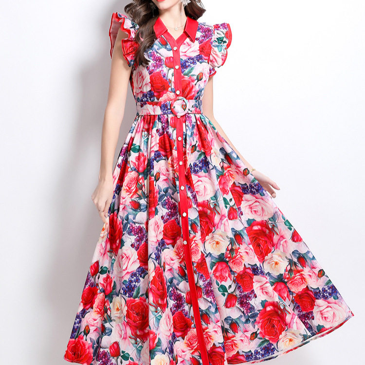 Floral Ruffle Sleeve A Line Dress Slim Fit Waist Defined Elegant Style Perfect for Parties and Special Occasions