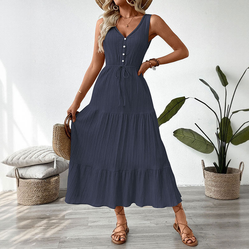 Sleeveless V Neck Summer Dress Minimalist Design Solid Color Adjustable Tie Casual Wear for Women OEM Available