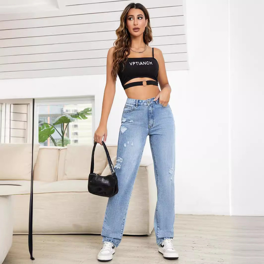 Womens Slim Fit Ripped Denim Jeans Casual Style Comfortable Fabric Versatile for Everyday Wear Wholesale Available