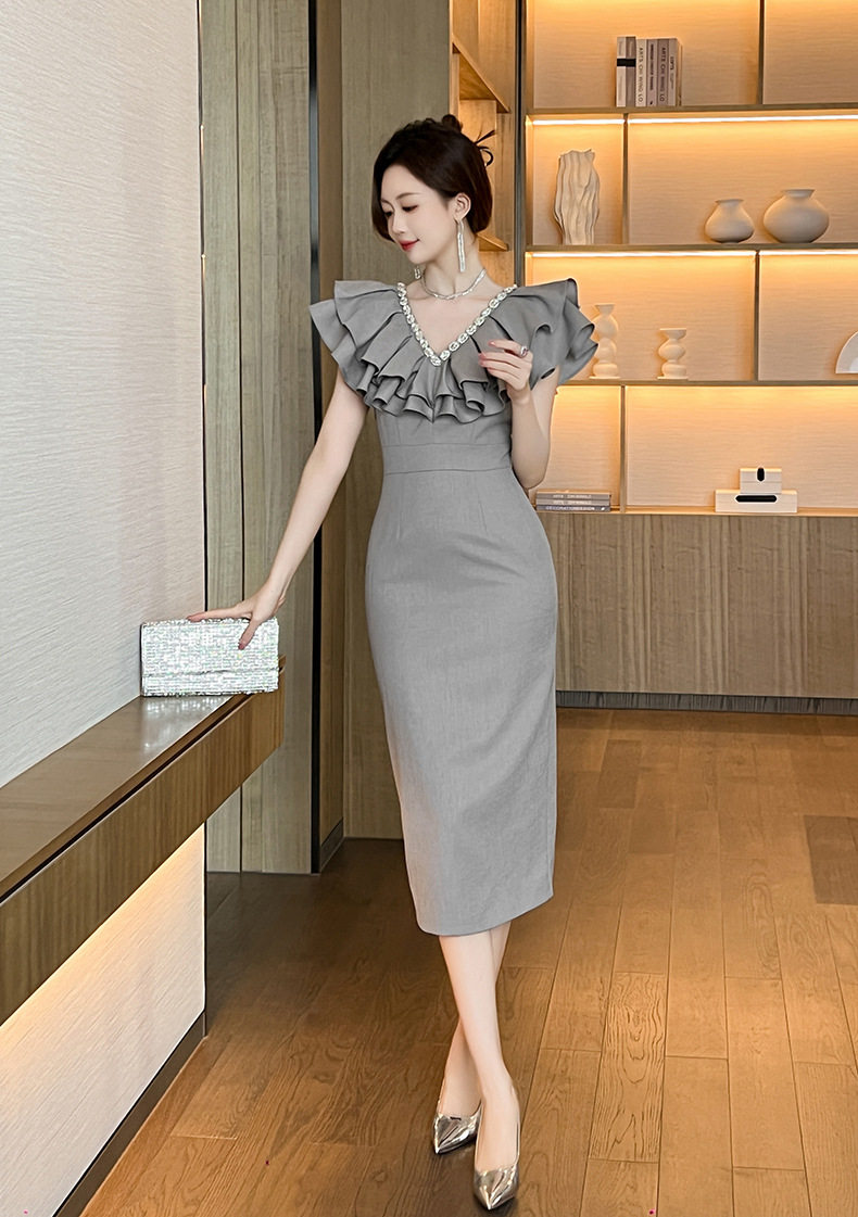 Đầm ôm body nữ cổ V eo cao tay bèo — [Xám] chi tiết 7