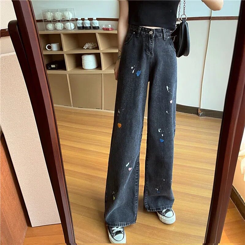 High Waisted Loose Fit Denim Pants Vintage Ink Splash Heart Design Casual Spring Fall Wear Wholesale Available