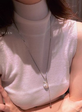新款小众气质巴洛克珍珠钛钢项链女秋冬简约长款不掉色颈链毛衣链