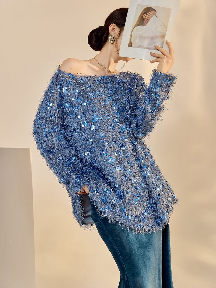 Set áo len dài tay cổ V đính sequin kèm chân váy nhung dài vừa — Váy màu lục lam (giao hàng trong 7 ngày), Váy màu lục lam (phát hành cùng ngày), Áo sequin (giao hàng trong 7 ngày), Áo sequin (giao hàng trong ngày)