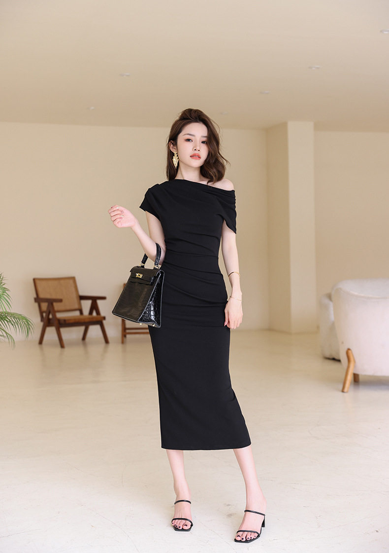 Đầm ôm body nữ dáng dài tay ngắn, cổ chéo, thiết kế eo ôm, phong cách Pháp — [Đen], [Xanh bạc hà], [Màu mơ], [Đỏ rượu vang] chi tiết 21