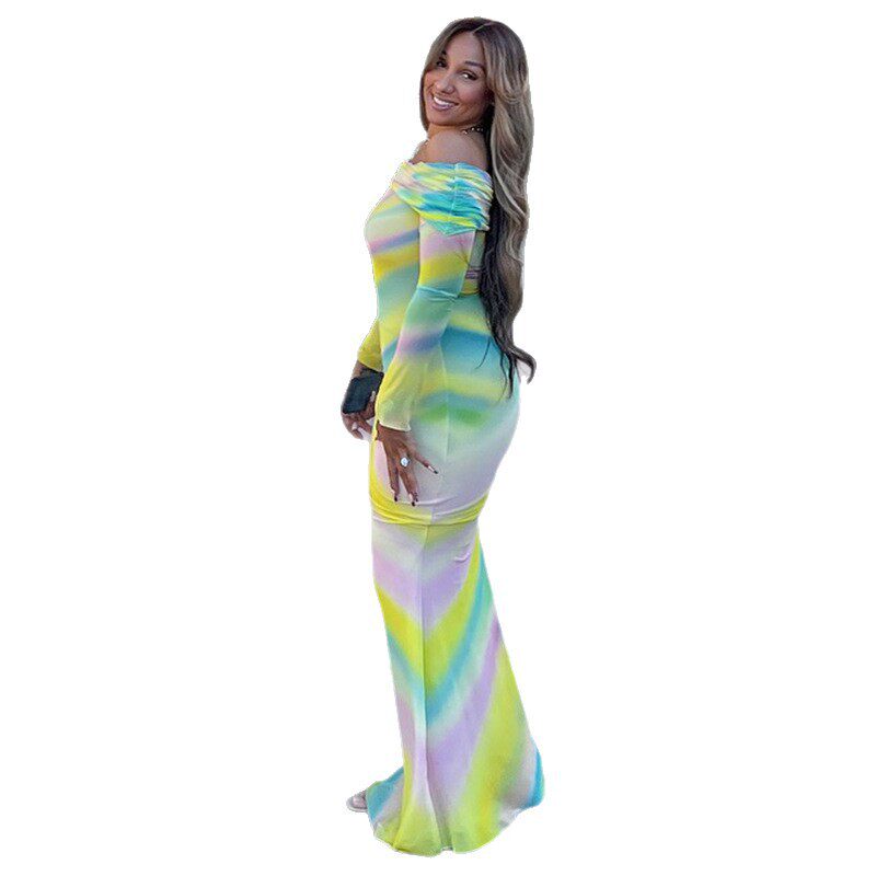 Casual Floral Print Bodycon Dress Off Shoulder Long Sleeve Color Block Design Perfect for Vacation or Everyday Wear