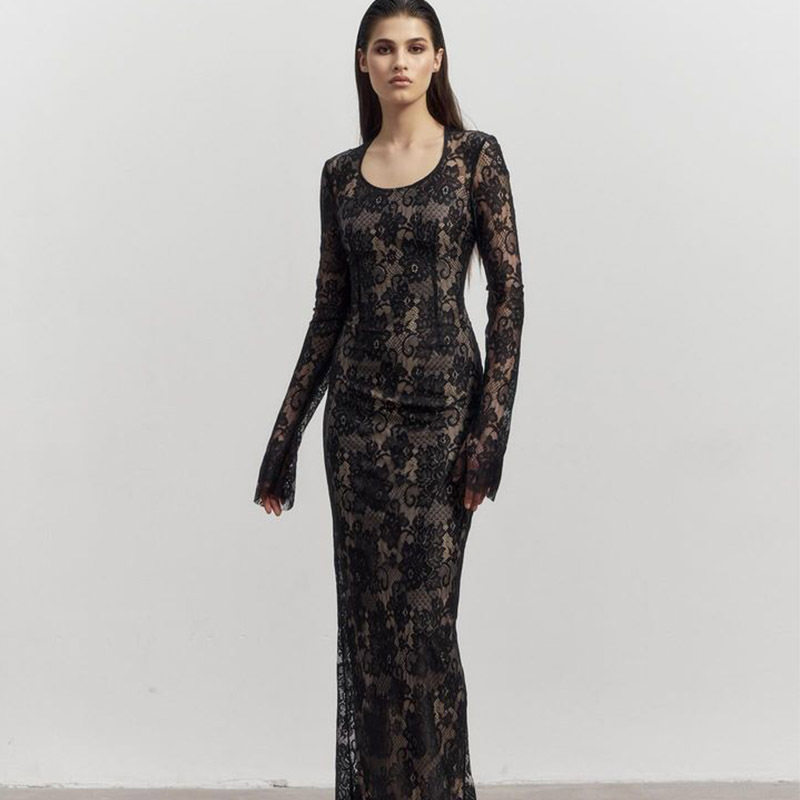 Elegant Lace Long Sleeve Bodycon Dress Slim Fit Waist Cinching Chic Style Perfect for Spring and Autumn Events