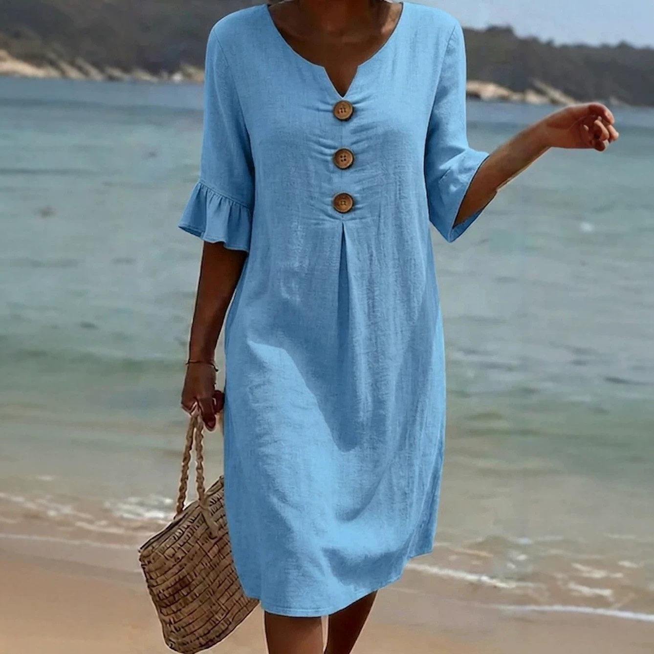 Womens V Neck Ruffle Sleeve Dress Comfortable Elegant Design Summer Casual Wear Wholesale Available