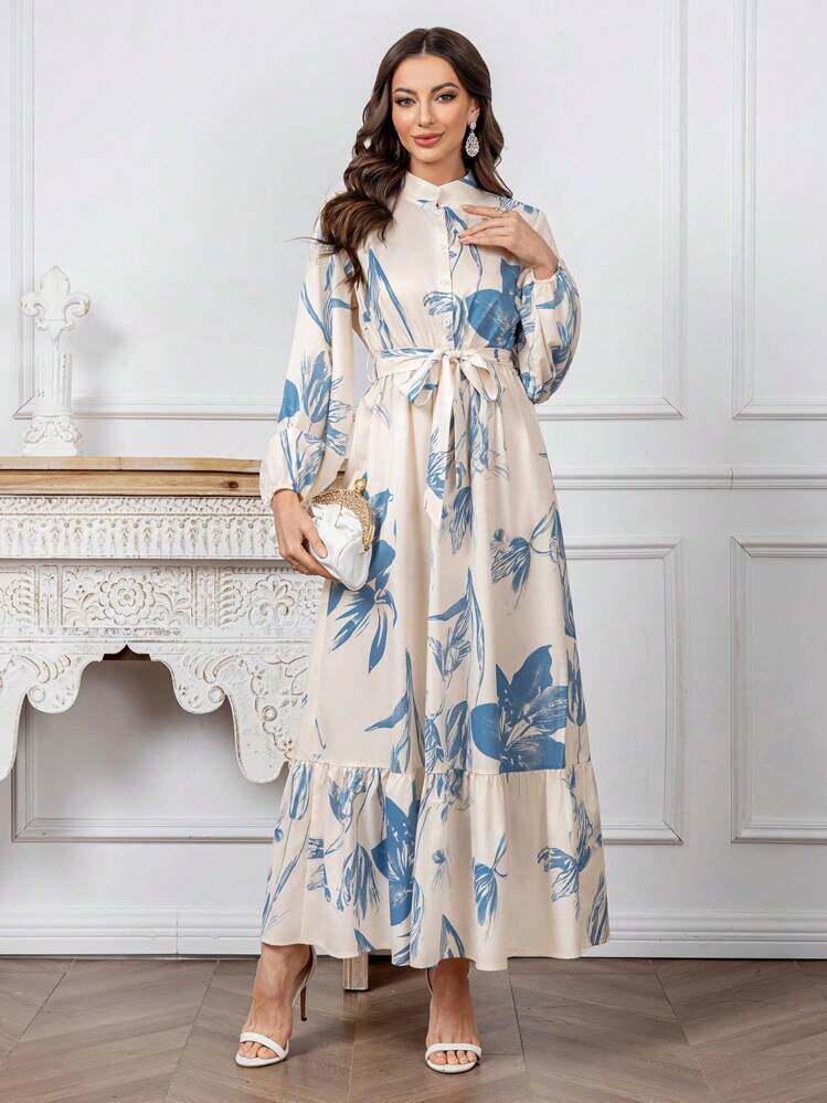 Modelyn Womens Floral Print Stand Collar Lantern Sleeve Ruf