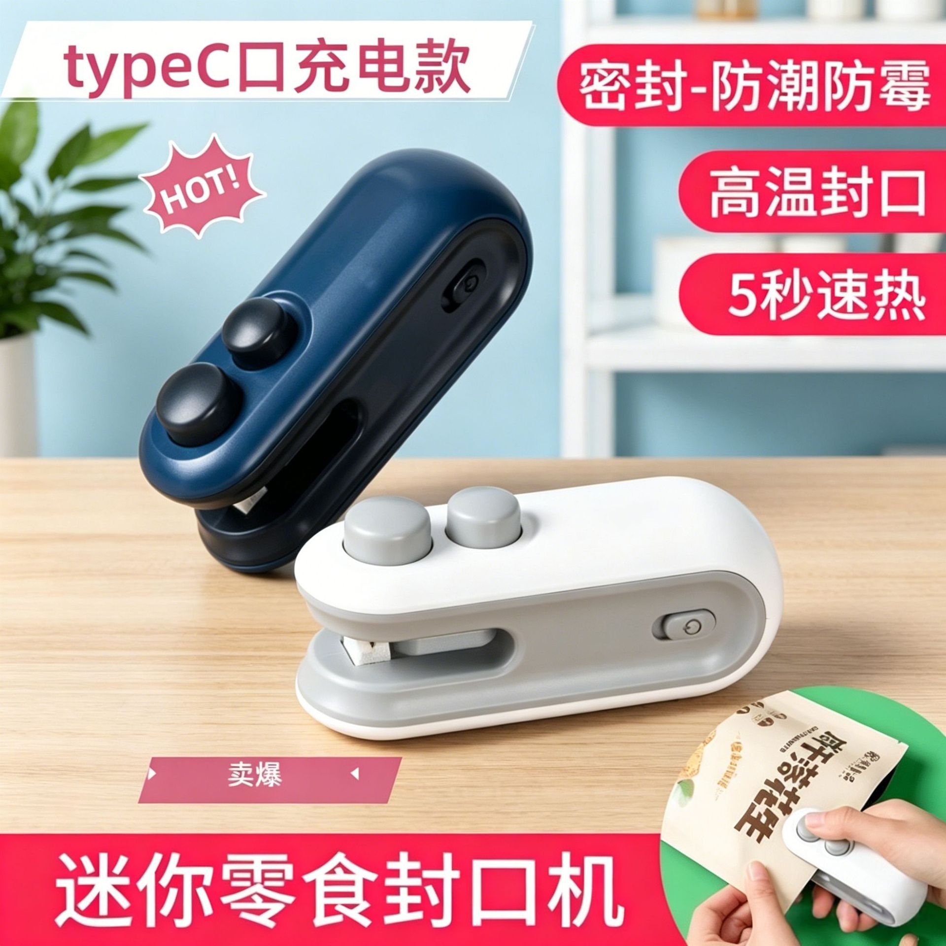 เครื่องซีลขนาดเล็กแบบพกพา ชาร์จไฟผ่านพอร์ต USB-C สองในหนึ่ง พร้อมเครื่องตัดถุงพลาสติกแบบมือถือ สำหรับซีลอาหารและขนมได้อย่างรวดเร็ว