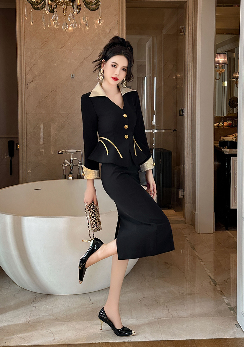 Bộ đầm nữ hai món áo khoác cổ chữ V thắt eo và chân váy ôm cạp cao — Màu đen