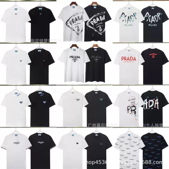 Cross-Border High-End Version of the New Trendy Brand Prada Metal Triangle Logo Unisex Couple Short-Sleeve Loose Casual T-Shirt