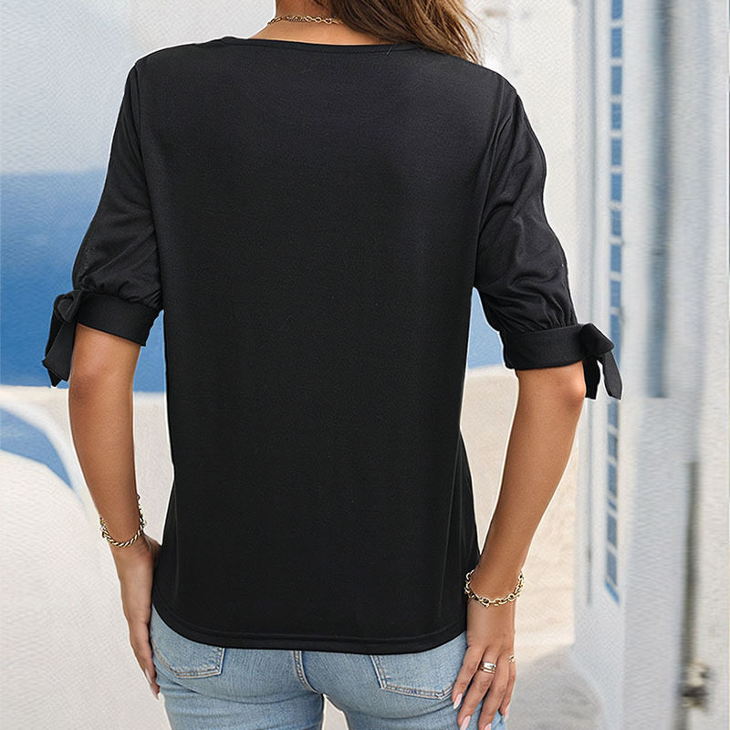 Lace Short Sleeve Top Versatile Minimalist Unique Tie Design Shoulder Cutouts Casual Wear Wholesale Available