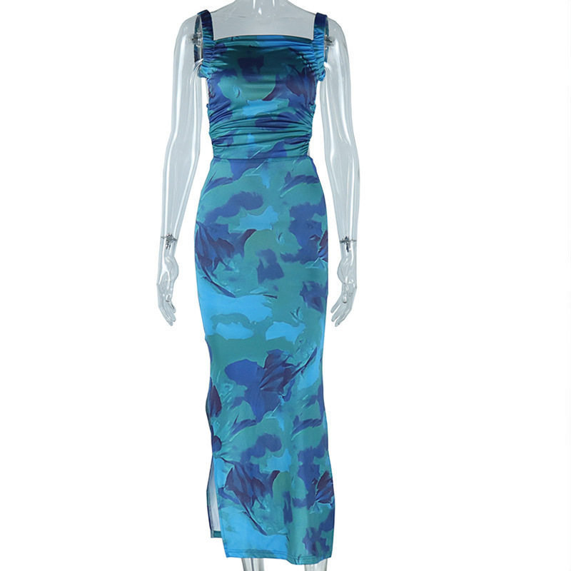 Sleeveless Backless Dress Off Shoulder Floral Print Ruched Asymmetrical Hem Mid Length Fashion for Parties and