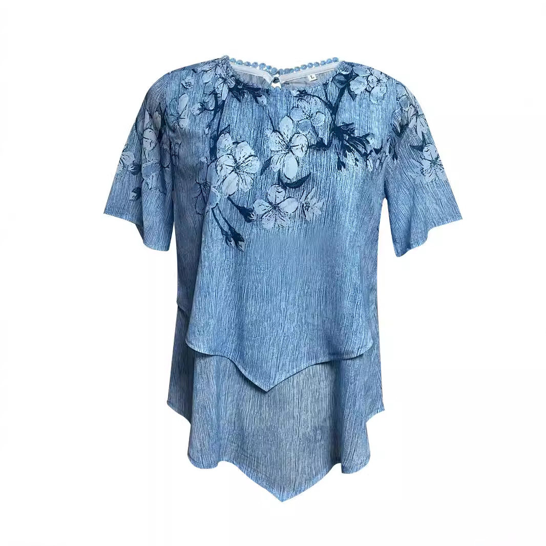 Floral Print Layered Short Sleeve Top Irregular Hem Round Neck Summer Style Wholesale Availability