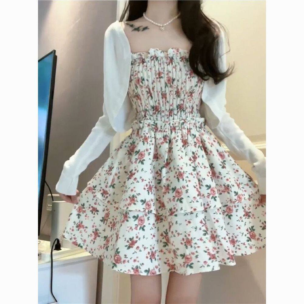 Suit for Women 2025 New Summer Style Sweet Waist Floral Suspender Dress A-Line Skirt Cardigan Top Two-Piece Set