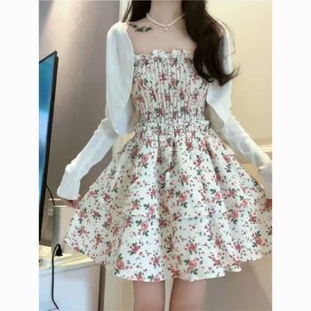 Suit for Women 2025 New Summer Style Sweet Waist Floral Suspender Dress A-Line Skirt Cardigan Top Two-Piece Set