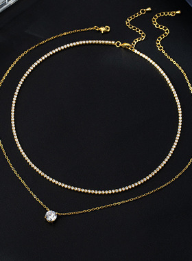 春夏简约双层叠戴锁骨链精致镶锆石超闪设计款多件套吊坠项链