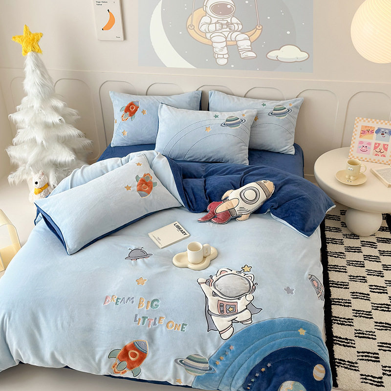 Children's Cartoon Milk Velvet Four-Piece Set, Princess Style, Class Aa Thickened Autumn and Winter Bedding, Three-Piece Set for Boys and Girls