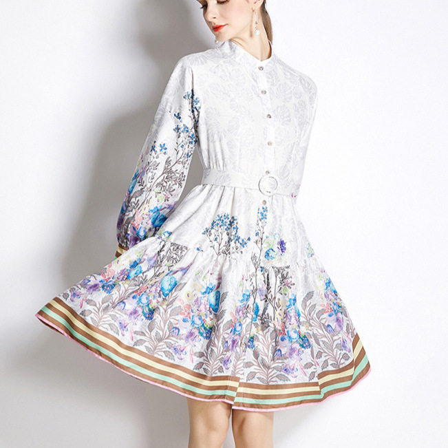 Vintage Inspired Floral Midi Dress Stand Collar Lantern Sleeves Waist Defining Elegant Style Perfect for Autumn