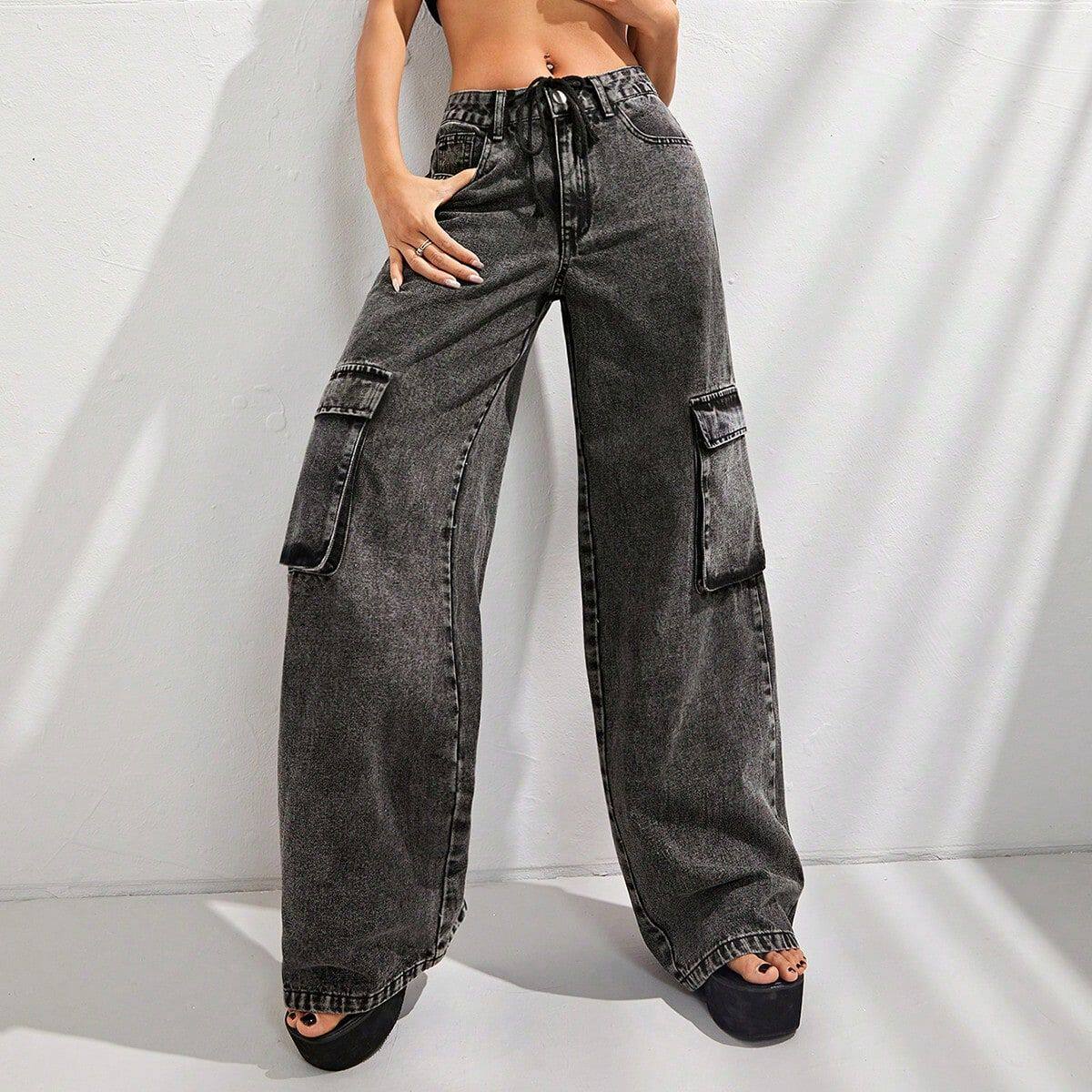 High Waisted Loose Fit Denim Cargo Pants Plus Size Big Pockets Comfortable Fabric Casual Wear for Women Wholesale