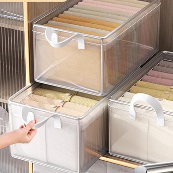 Clothes Storage Box Household Wardrobe Layered Fixing Box for Clothes and Pants Transparent Folding Storage Basket Frame Artifact