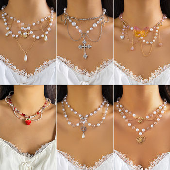European and American Cross-border Vacation Style Sweet Hot Girl Strawberry Butterfly Necklace Female Niche Elegant Imitation Pearl Tassel Necklace