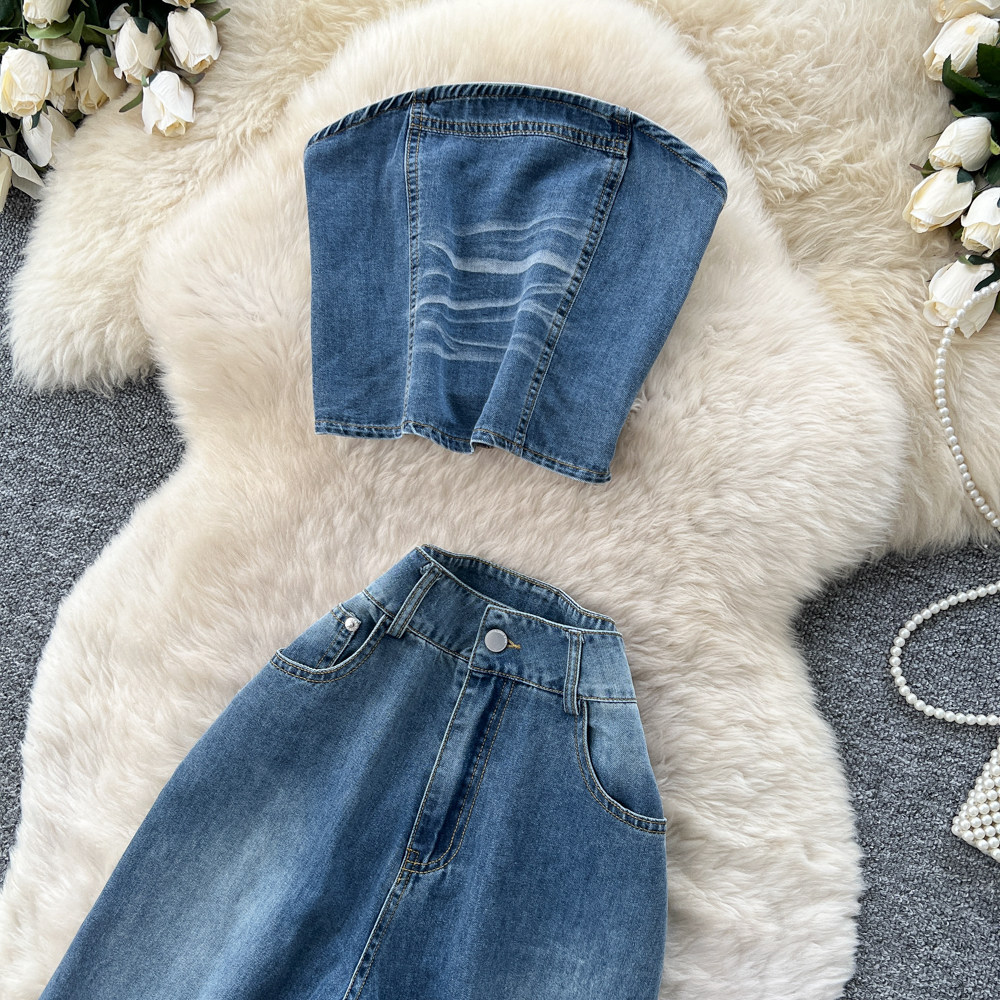 Vintage Denim Two Piece Set Casual Style High Waisted Wide Leg Pants Slim Fit Sleeveless Top Summer Wear
