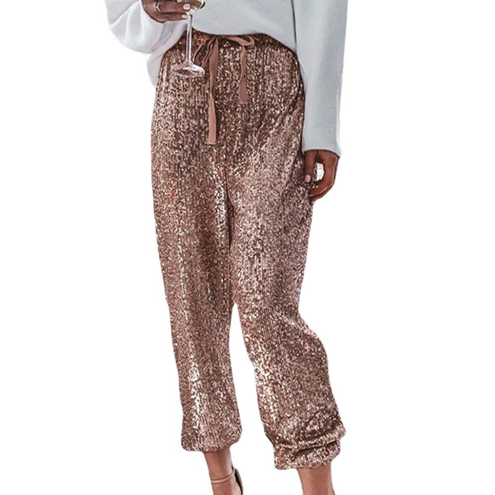 High Waisted Ruffle Hem Casual Pants Fashionable Solid Color Sequin Detail Comfortable Fit Perfect for Everyday Wear