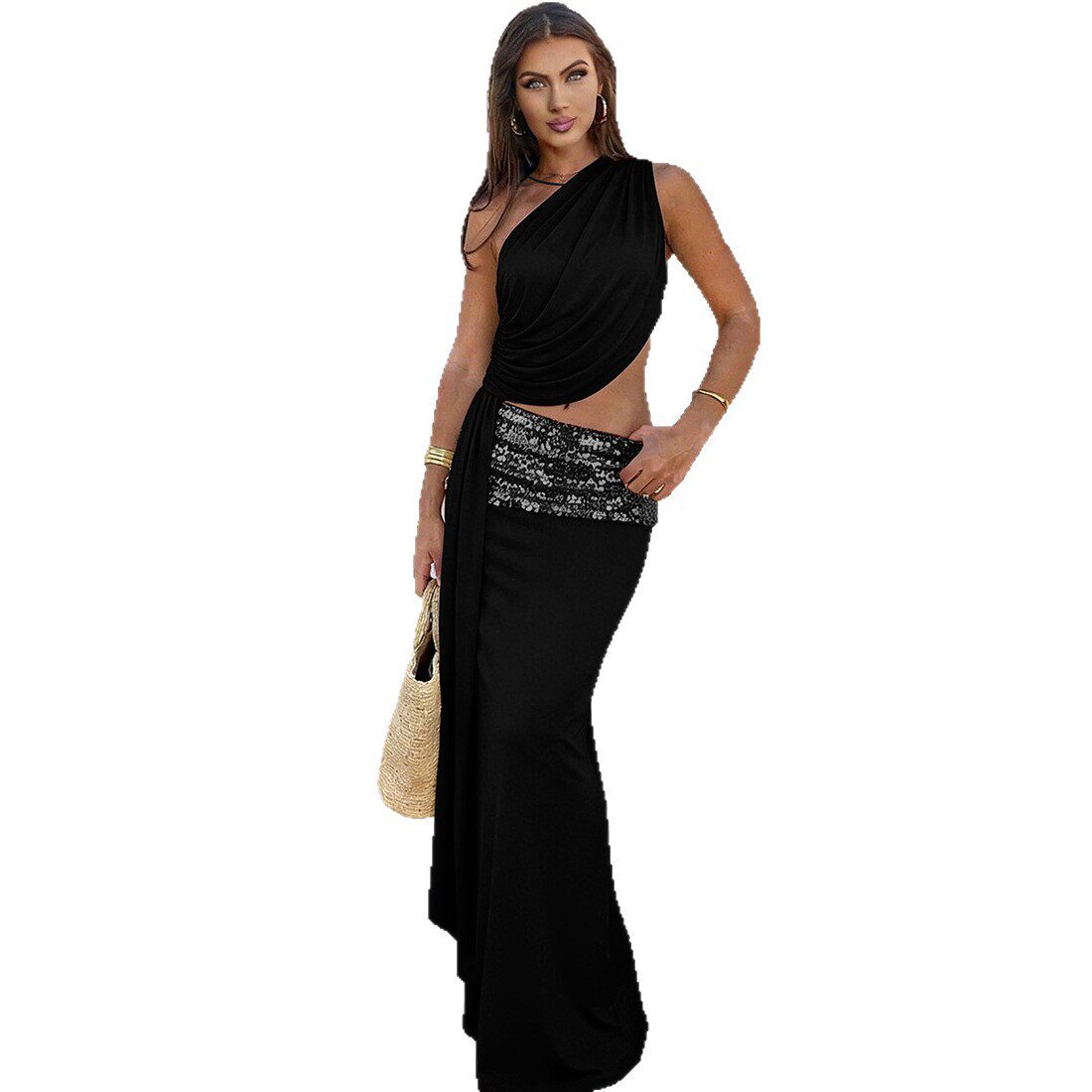 Sleeveless Sequin Trimmed Dress Sexy Backless Design Asymmetrical Neckline Solid Color Spring Fashion for Women OEM