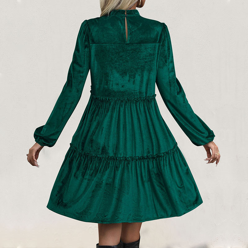 Green Velvet Dress Elegant Autumn Style Perfect for Christmas Celebrations Wholesale Available