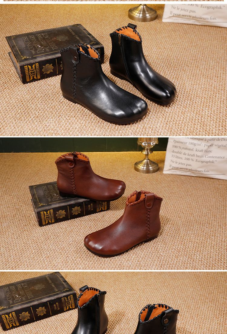 Boot nữ da bò thật cổ thấp gót bằng khoá kéo bên hông — màu đen, màu nâu